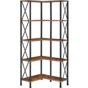 HOOBRO Corner Bookshelf, 5-Tier L-Shaped Bookcase, Industrial Open Display Shelf Tall Storage Organizer, Vertical Storage Rack, for Living Room, Home Office, Rustic Brown and Black BF60SJ01