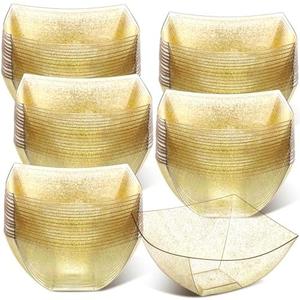 Tanlade 44Pcs Gold Glitter Square Plastic Serving Bowls Disposable Snack Salad Bowl Small Party Candy Bar Containers Taco Bar Serving Dishes for Buffet Chips Fruit(8 oz) 44Pcs