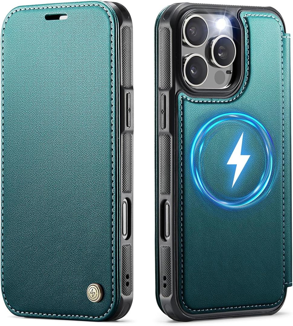 for iPhone 16 Pro Case Wallet Compatible with Magsafe, Slim PU Leather Flip RFID Blocking Card Holder Stand Shockproof Magnetic Women Men Wallet Phone Case Cover for iPhone 16 Pro, Blue Green