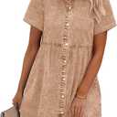 GRAPENT Denim Dress for Women Babydoll Tiered Short Sleeve Button Down Jean Shirt Dresses (Large, Pecan Brown)