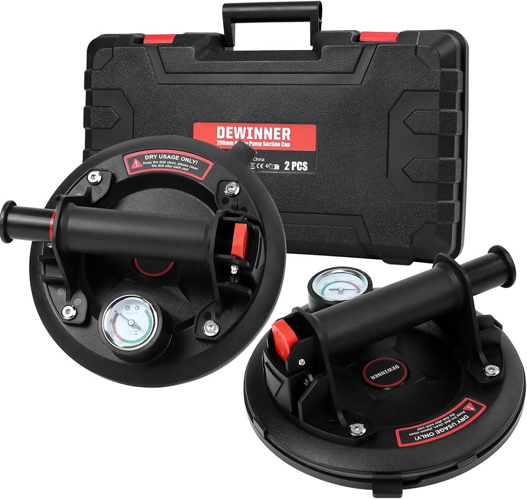 DEWINNER 2-Pack 8" Glass Suction Cups with Pressure Gauge - Heavy Duty Handheld Glass Lifter with 660 lbs Load Capacity for Tile Marble, Industrial Strength Vacuum Suction Cup Lifter