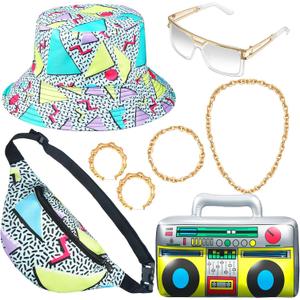 Hicarer 6 Pieces Hip Hop Costumes 80s/90s Outfits Accessories for Women Men Rapper DJ Costume Halloween Cosplay
