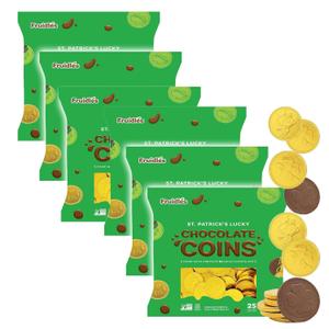 St. Patrick's Day 6 Bags 25 Chocolate Coins Gold Shamrock Coins Foils, Premium Belgian Milk Chocolate Clover Coins Resealable Bag, Nut-Free (6 Bags) (EXP 06/08/27)