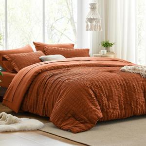 Love's cabin Seersucker Terracotta King Size Comforter Set, 7-Piece All Season Lightweight Bed in a Bag Bedding Set with Comforter, Flat Sheet, Fitted Sheet, Pillowcases and Shams