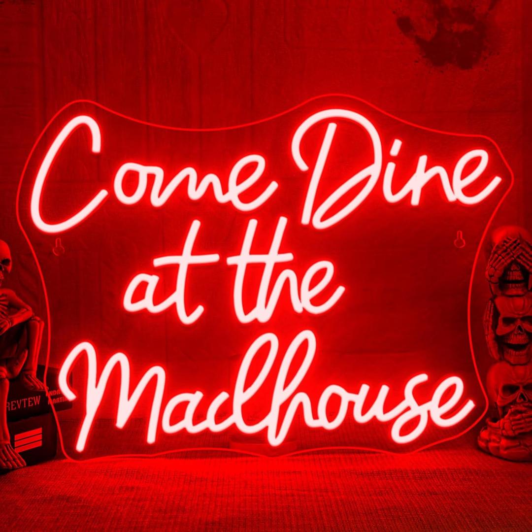 Come Dine at The Madhouse Neon Sign Restaurant Neon Signs for Wall Decor Red LED Night light for Home Bar Gothic Halloween Horror Party Club Man Cave Decoration