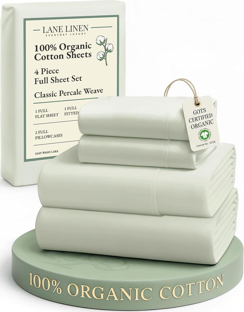 LANE LINEN 100% Organic Cotton Eco Friendly Full Size Sheet & Pillowcase Sets, Fully Elasticized Soft & Comfy Percale Bedding, Naturally Temperature Regulating Cotton Sheets Full- Mineral
