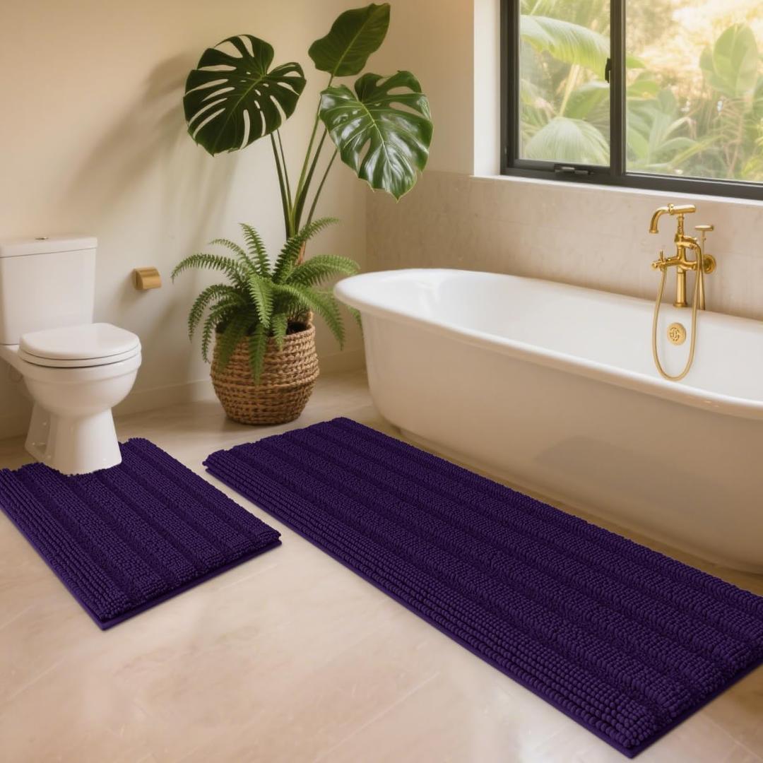 ACCUMTEK Striped Eggplant Purple Toilet Bathroom Rug Mat Set 2 piece Rug Ultra Soft, Non Slip Chenille Bath Rugs, Absorbent Plush Shaggy Bath Mats for Bathroom, Bedroom, Kitchen, Shower, Tub (U Shape 2'x1'8"+4'x1'8")