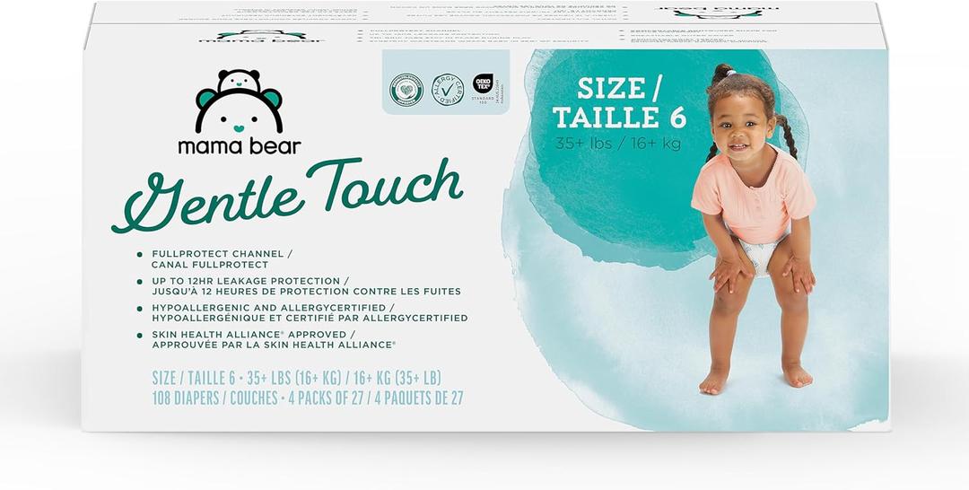 Amazon Brand - Mama Bear Gentle Touch Baby Diapers, Size 6, 108 Count (4 Packs of 27), Hypoallergenic, Wetness Indicator