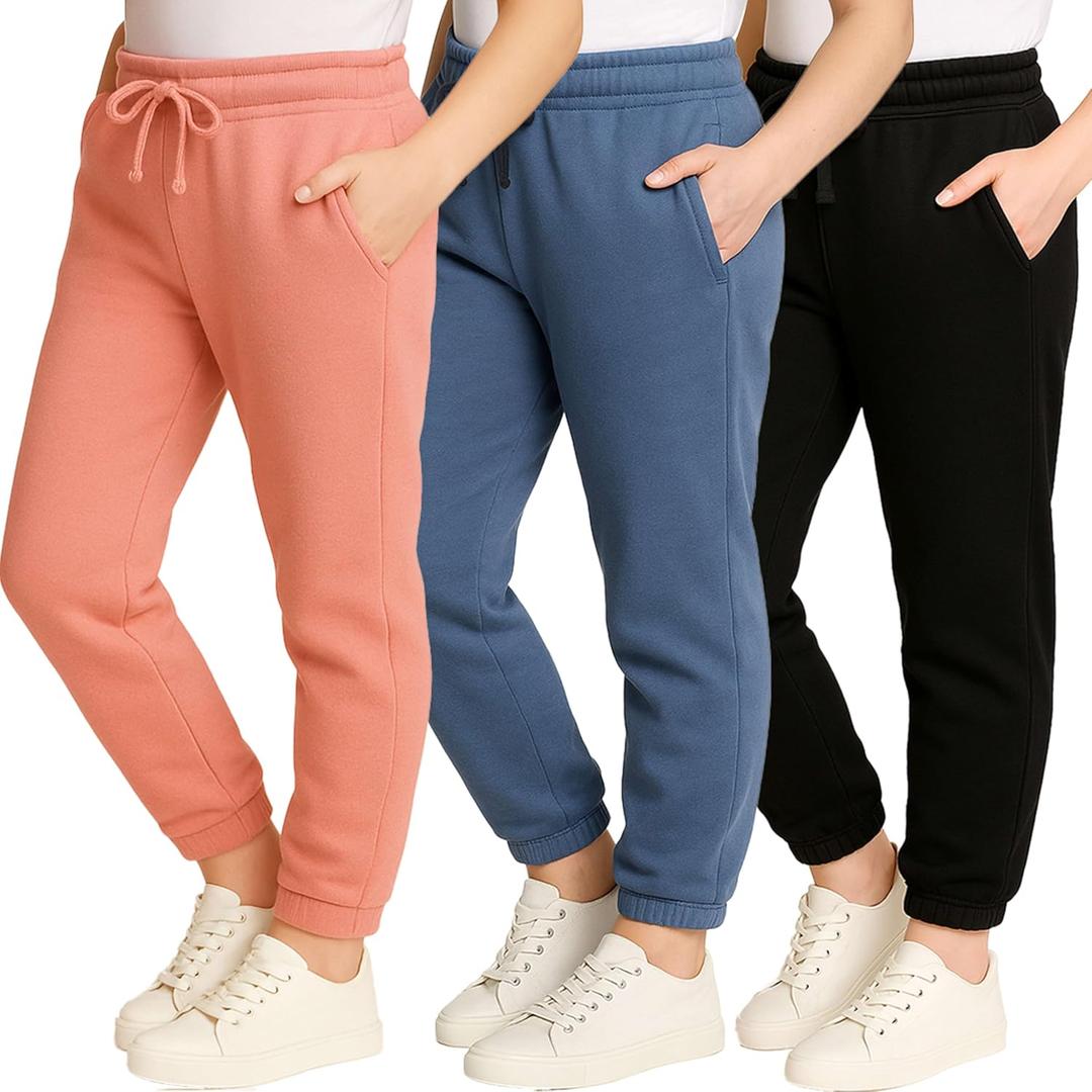 Real Essentials 3 Pack: Girls' Sweatpants - Active Fleece Jogger Pants (Size: 7-16) (L)