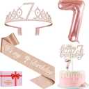 7th Birthday Decorations for Girls, Including 7th Birthday Sash and Tiara, Cake Topper and Candle, Number Balloon, 7 Year Old Girl Gifts