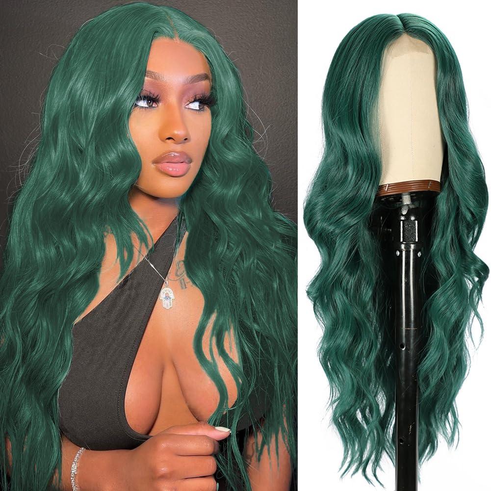Colorful Queen Green Wig 26 Inch Long Green Wigs for Women Middle Part Curly Wig Natural Looking Synthetic Heat Resistant Fiber Wig for Daily Party Cosplay Use