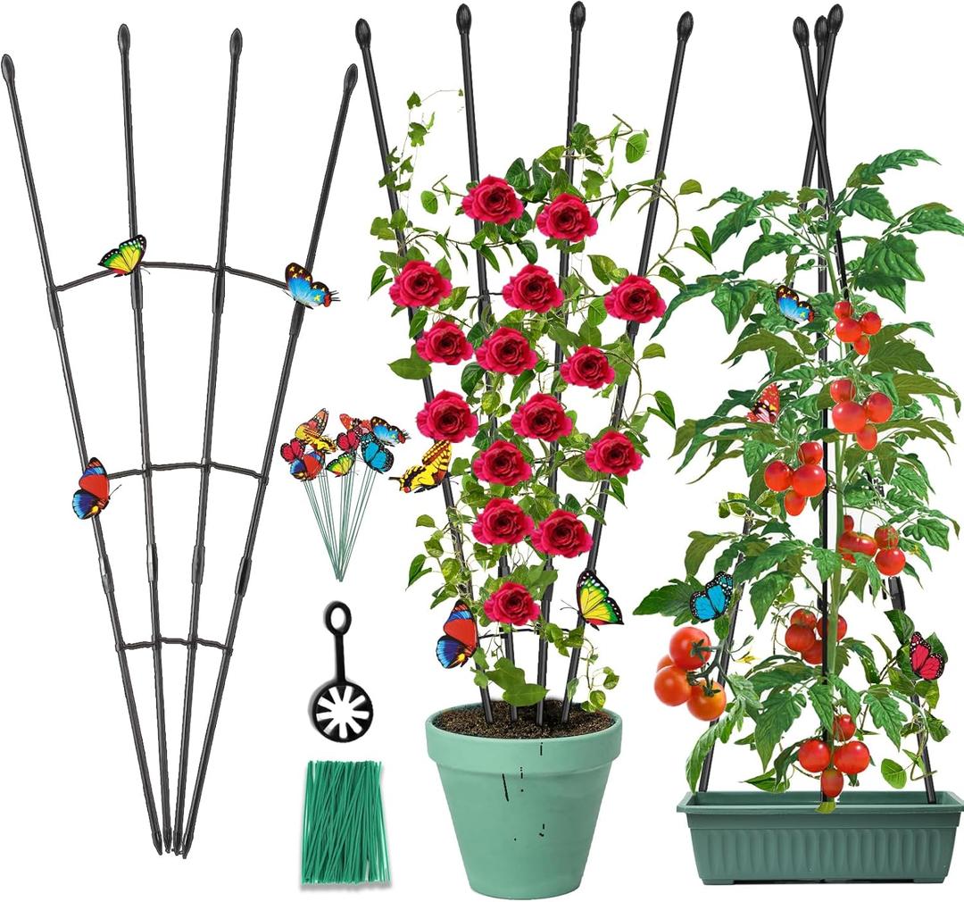 Garden Trellis for Climbing Plants Outdoor & Indoor, 47in Obelisk Trellis and Tomato cage 2 Shapes Rustproof Plant Support for Indoor Plants Trellis for Potted Plants with 5pcs Decorative Butterfly (1 Pack)