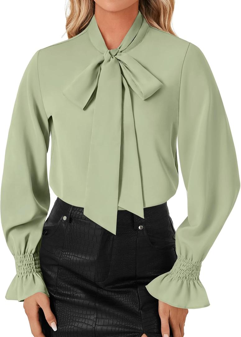 LYANER Women's Bow Tie Neck Blouse Ruffle Long Sleeve Business Dressy Office Shirt Top (Green, M)
