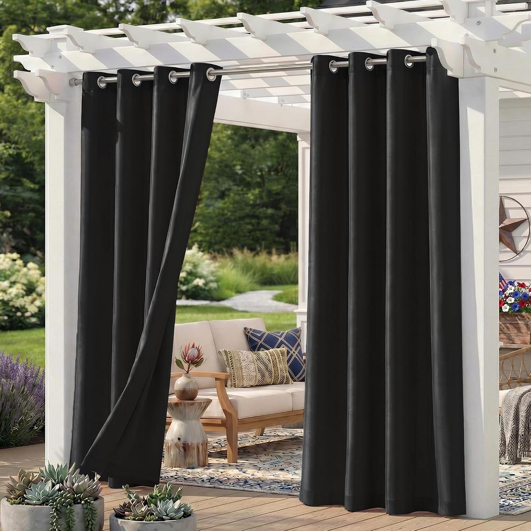 Set of 4 Outdoor Curtains for Patio Waterproof, Breathable Grommet Panels for Porch, Pergola & Gazebo, Light Filtering, Weatherproof, 54W x 84L Inches, Black
