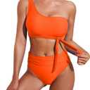 Pink Queen Women's One Shoulder High Waisted Bikini Set Two Piece Tie Ruched Swimsuit (Large, Orange)