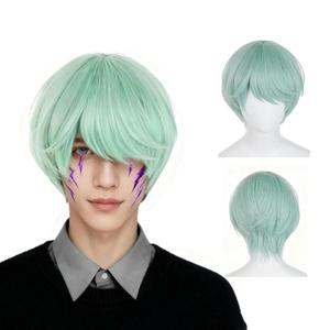 QACCF Short Layered Synthetic Fiber Mens Halloween Pelucas Chostume Cosplay Wig (Mint)