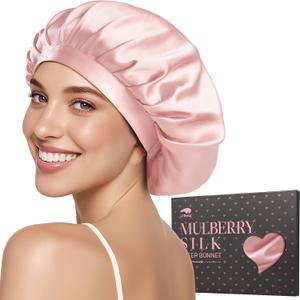 LitBear 100% Mulberry Silk Bonnet for Sleeping Women, 22 Momme Silk Hair Wrap with Elastic Band for Long Short Curly Hair (Pink)