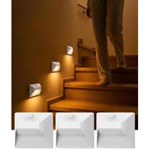 Motion Sensor Stair Lights, 365-Day Battery Life | Rechargeable Night Lights with Magnetic Mount, Stick-On Installation for Stairs, Hallway, Bedroom, Bathroom, Closet, Cabinet, 3 Pack