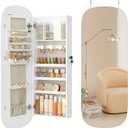 SONGMICS Jewelry Organizer, LED Jewelry Cabinet Wall/Door Mounted, Lockable Rounded Wide Mirror with Storage, Interior Mirror, 3.9 x 16.5 x 42.5 Inches, White Surface with Greige Lining