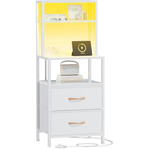 Furnulem Night Stand, Tall White Nightstand with 4Tier Shelves, 2 PU Fabric Drawers and Light Tube, Bed Side Tables with Charging Station, Bedside Table for Bedroom
