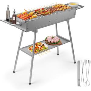 IRONWALLS Portable Charcoal Grill Outdoor Cooking, 32L x 10W Folded Camping Barbecue Grill with Storage Shelf, Metal Kebab Skewers, Rectangular Lamb Skewer Grill for Backyard Party Picnic Travel