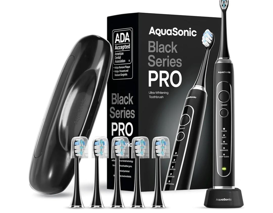 Aquasonic Black Series Ultra Whitening Toothbrush – ADA Accepted Electric Toothbrush 8 Brush Heads & Travel Case – 40,000 VPM Electric Motor & Wireless Charging  4 Modes w Smart Timer