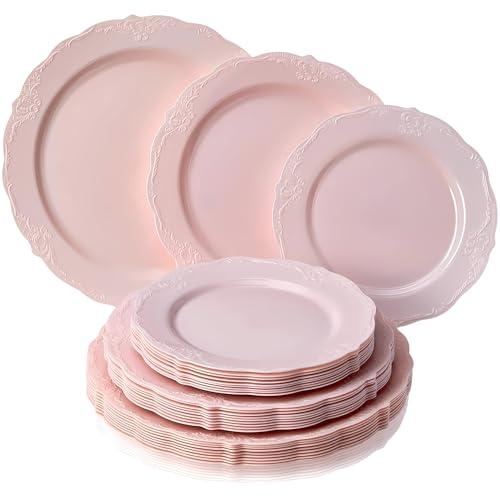 Vintage Collection Blush Plastic Plates Combo Set - 10.25"(7 Pieces), 9"(10 Pieces), 7.5", (5 Pieces ) - Ideal for Weddings, Anniversaries, Birthdays & Special Celebrations