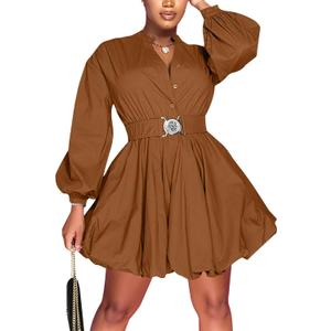 Uni Clau Womens Button Down Shirt Dress Long Sleeve A-Line Casual Puffy Short Mini Dress with Belt (XL, Brown)