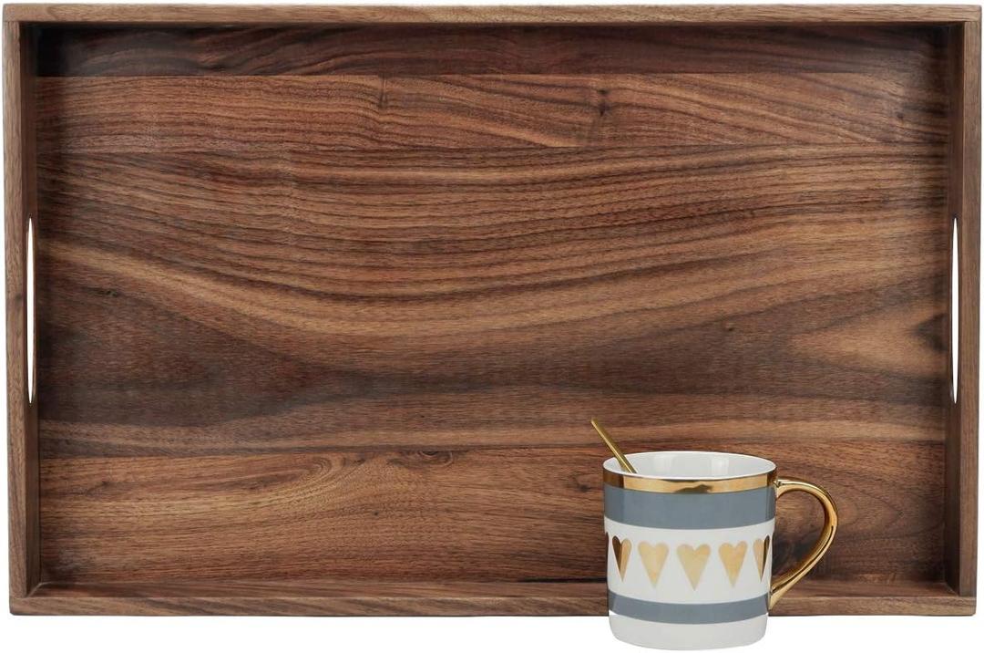 20 x 12.5 Inches Medium Rectangle Black Walnut Wood Ottoman Tray with Handles, Serve Tea, Coffee or Breakfast in Bed, Classic Wooden Decorative Serving Tray