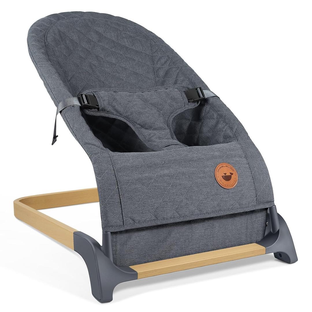 ANGELBLISS Baby Bouncer, Portable Bouncer Seat for Babies, Infants Bouncy Seat with Wood Grain Base, Natural Vibrations (Grey)