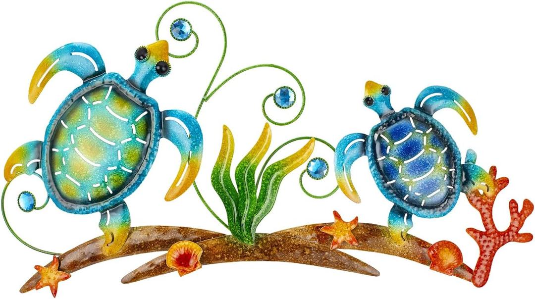 dreamskip 27" Sea Turtles Metal Beach Wall Decor Art, Coastal Ocean Style Wall Sculpture, Nautical Outdoor Decor For Garden, Pool, Fence, Patio, Bathroom Indoor
