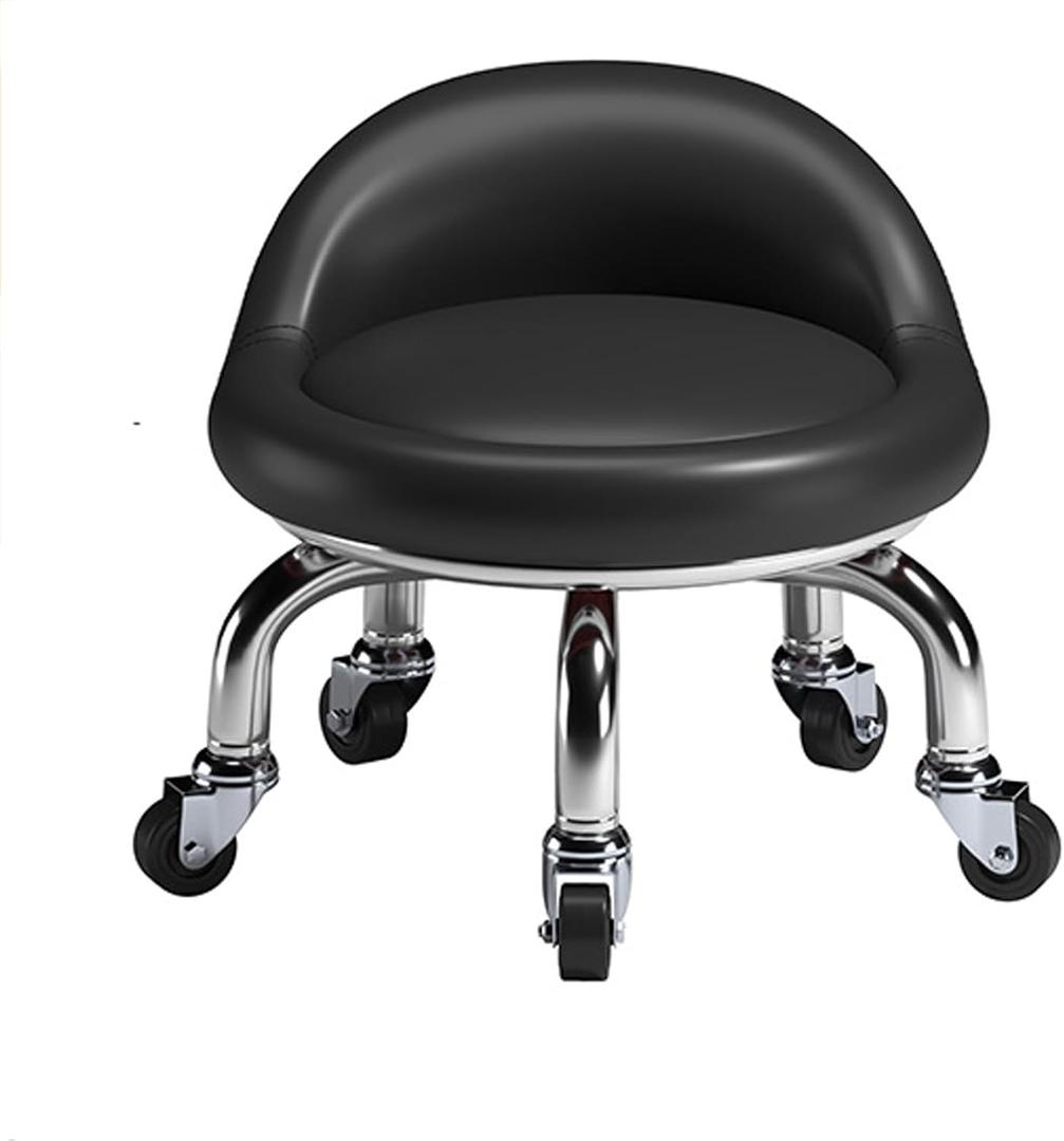 Black Roller Seat Pu Leather Low Heavy Duty Round Rolling Stool 360 Swivel Small Stool with Universal Caster Wheels and Backrest for Home Office Garage Shop Fitness (A)