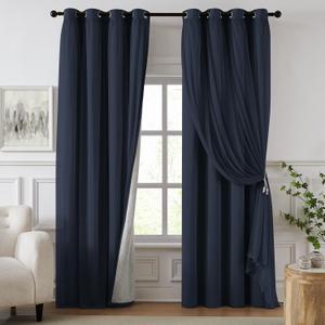 100% Blackout Curtains for Bedroom, Double Layer Navy Blue Curtains, Black Out Curtain 84 inch long With Sheer Overlay for Living Room, Room Darkening Window Drapes with Grommet, 52"W x 84"L