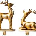 Glitzhome Christmas Stocking Holder, Set of 2 Gold Resin Standing & Sitting Reindeer Hanger Hooks for Fireplace Counter Window Xmas Holiday Decoration
