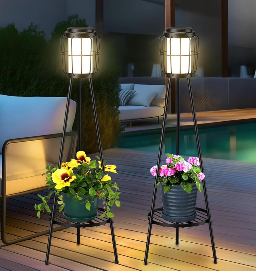 VISFLAIR 2 Pack Solar Lights with Plant Stand, Outdoor Floor Lamps, Waterproof Solar Powered Floor Lamps for Patio Deck Porch Yard Garden Decor (36" (1 Tier))