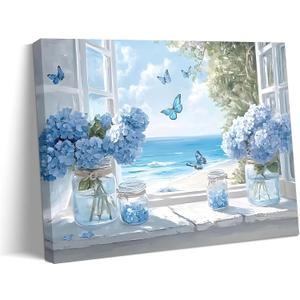 Blue Hydrangea Canvas Wall Art Beach Coastal Wall Decor 24x16in Framed