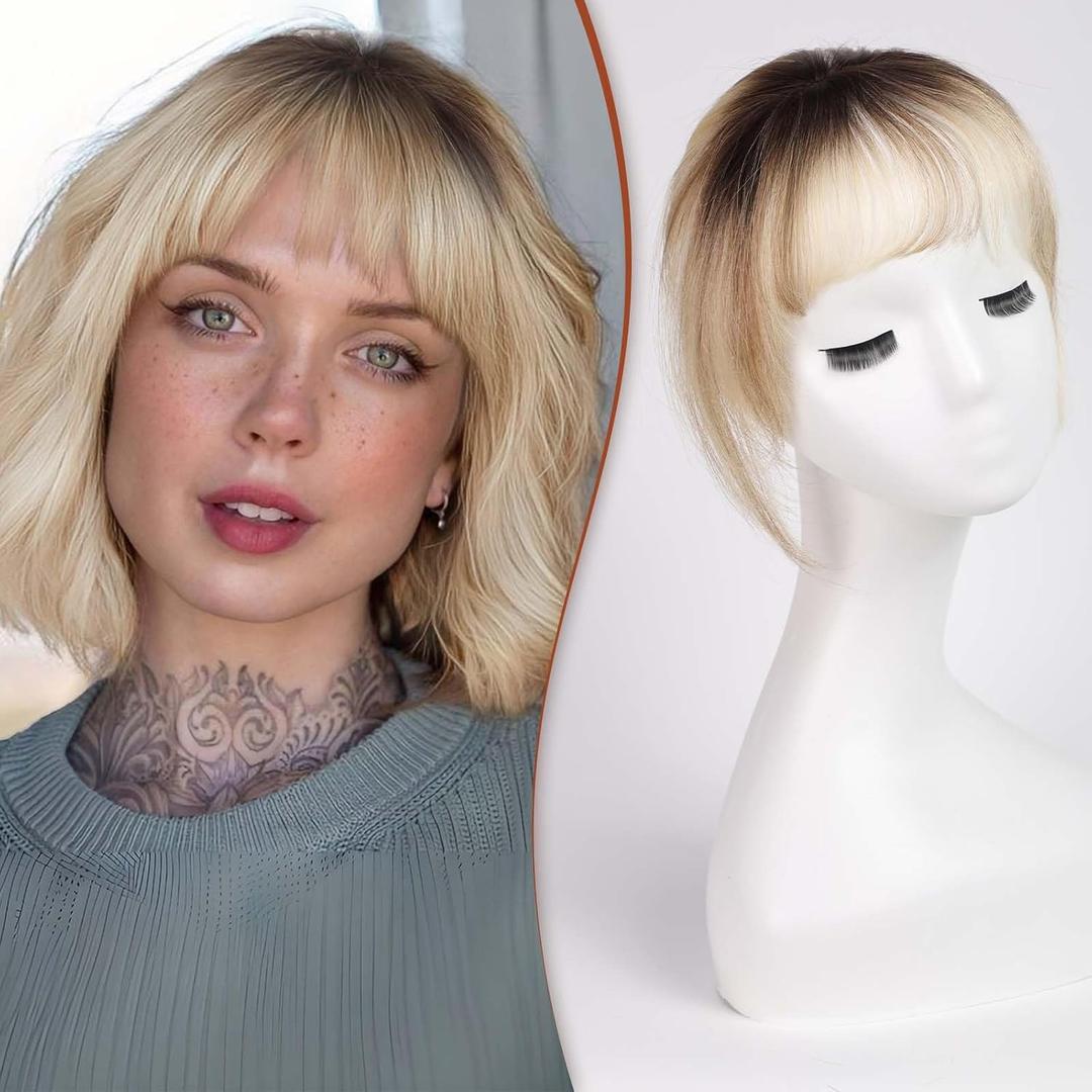 HAIRCUBE Bangs Clip in 100% Human Hair Bangs Hair Extensions - Full Fringe with Temples (Ombre T2-#6/#613)