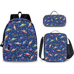 Truck Kids Backpack for School Boys, 3PCS Teen Boy Backpack with Lunch Box & Pencil Pouch Set, Shoulders Travel Daypack Lightweight School Bag Bookbag Set for Kindergarten Primary Middle School