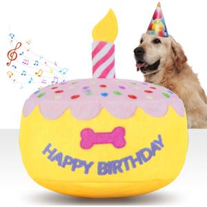 Dog Birthday Cake Toy 5.9", Plush Dog Gift with Electronic Music Box, Plays Happy Birthday Song & Puppy Bark Melody, Larger Pet Celebration Toy for All Breeds Dogs (Pink,Yellow)