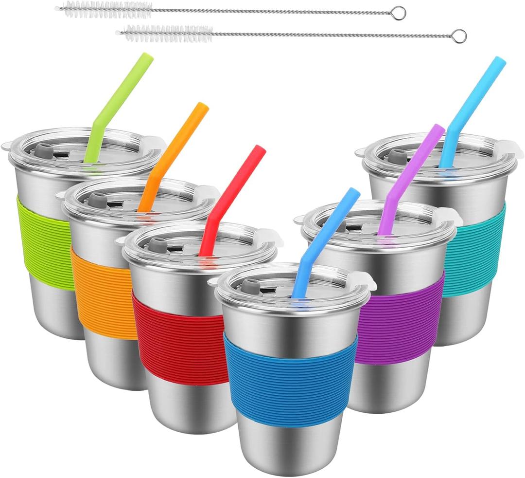 Stainless Steel Kids Cups with Straws and Lids, 6 Pack 12oz Leak Proof Sippy Cups, Unbreakable Toddler Straw Cup Tumblers, Kids Water Drinking Glasses, BPA-Free Reusable Metal Mug for Children Adult