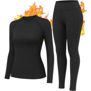Thermal Underwear Women Long Johns Set Fleece Lined Warm Base Layer Long Sleeve for Weather Top Bottom Pajama (Medium, Black)