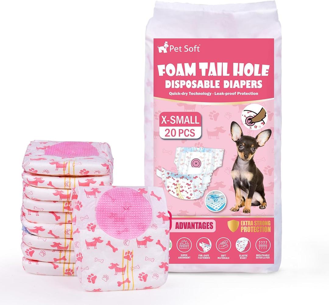 Pet Soft Disposable Dog Diapers - Female Dog Diapers with Adjustable Foam Tail Hole, Ultra Protection Puppy & Cat Diapers Wetness Indicator for Dogs in Heat or Incontinence, 20pcs (XS, Red)