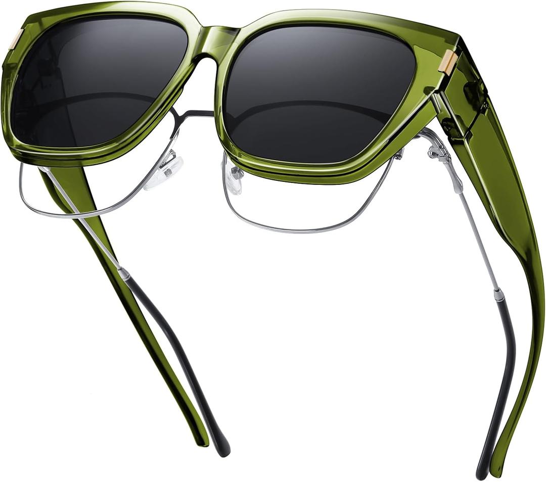 HAOLOTA Polarized Fit Over Glasses Sunglasses for Women Men Trendy Square Wrap Around Shades UV Protection (L Size 02 Green/Grey)