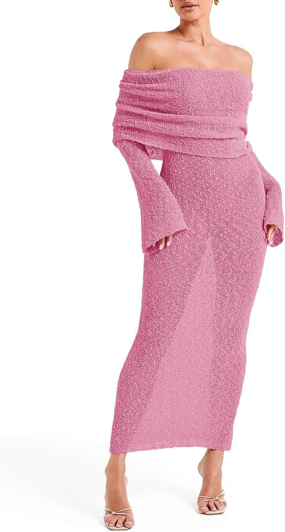 Saodimallsu Womens Off Shoulder Summer Maxi Dress Bell Long Sleeve Sexy Bodycon Strapless Sheer Beach Swimsuit Coverup (Pink, S)