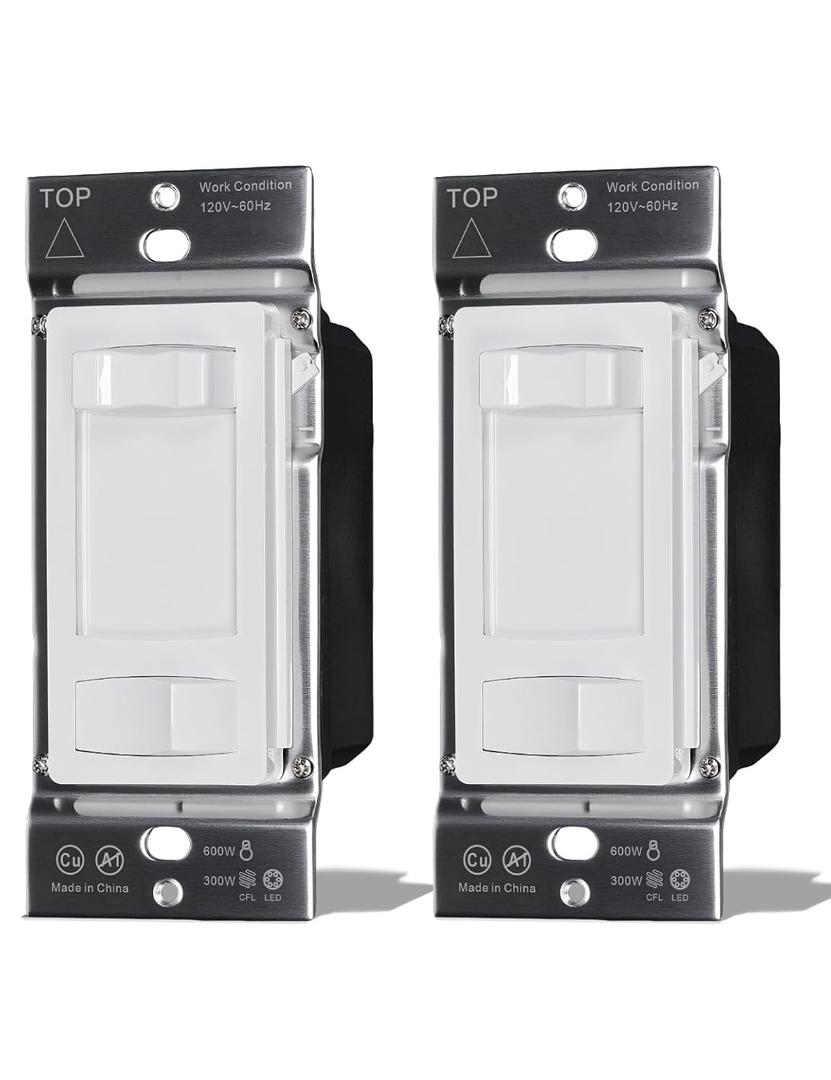 MOES Dimmer Light Switches 2pcs, 3 Way & Single Pole Dimmable Switch for LED,CFL,Incandescent,Halogen, 600Watt Max, ON/Off Switch with Dimming Slide, No Neutral Wire Required (White)