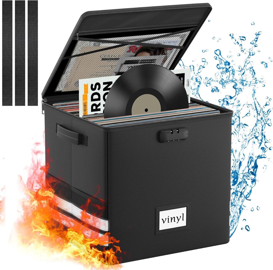 Vinyl Record Storage Box with Lock, Fireproof Waterproof Resistant Organizer for 100+ 12-Inch Records - Collapsible Storage Box with Handles for Album Collection - Black (13"x13"x13")