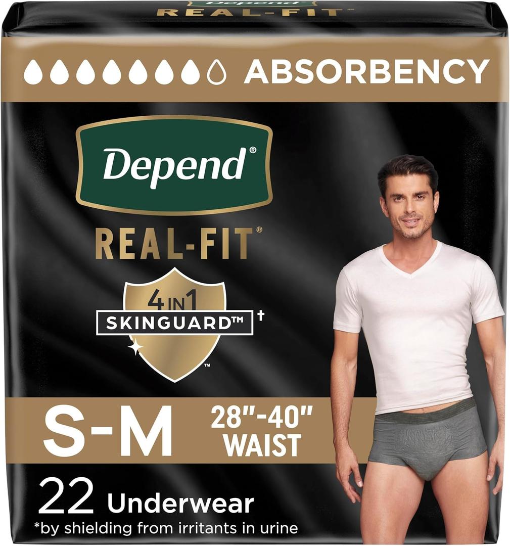 Depend Real Fit Adult Diapers, Incontinence Underwear for Men, Disposable, Maximum Absorbency, Small/Medium, Grey, 22 Count
