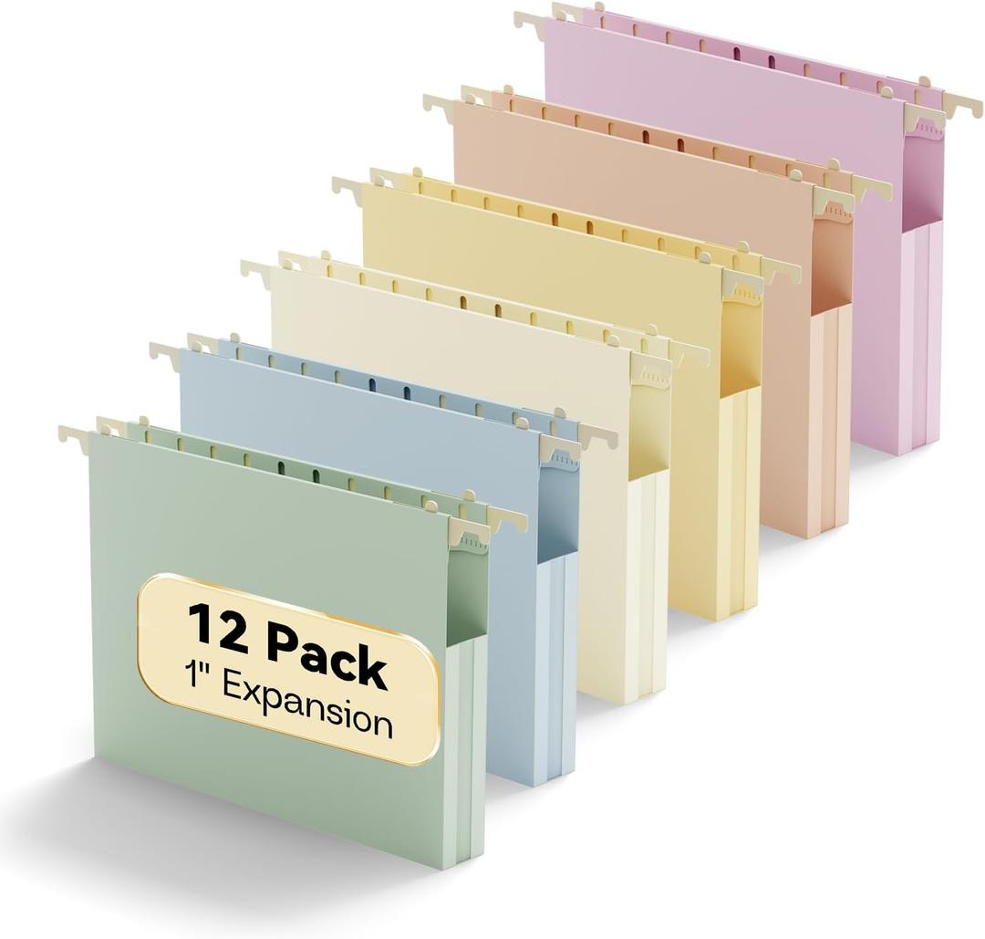 Plastic Hanging File Folders 1 Inch Expansion Letter Size,12 Pack Reinforced Heavy Duty Hang Folder with Tabs,Pastel Color Expandable Hanging Files with Side,File Cabinet Folders for School
