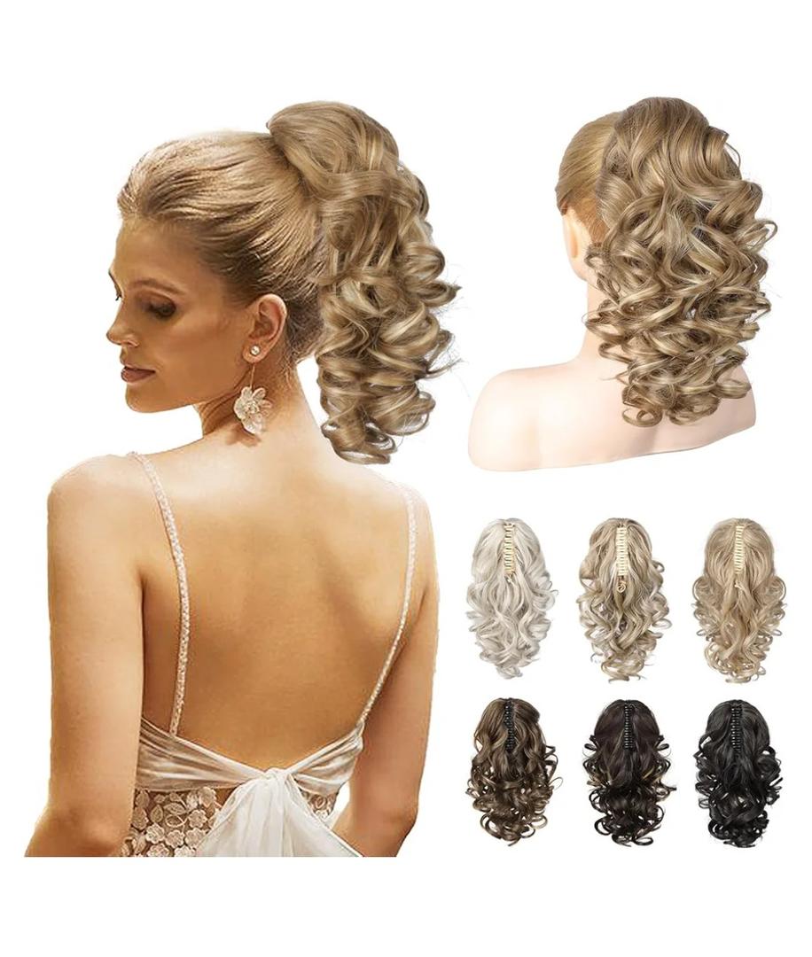REECHO 12" Ponytail Extension, Classic Loose Curly Wavy Claw Clip Pony tails Hair Extensions Hairpieces for Women - Dark Blonde with Highlights