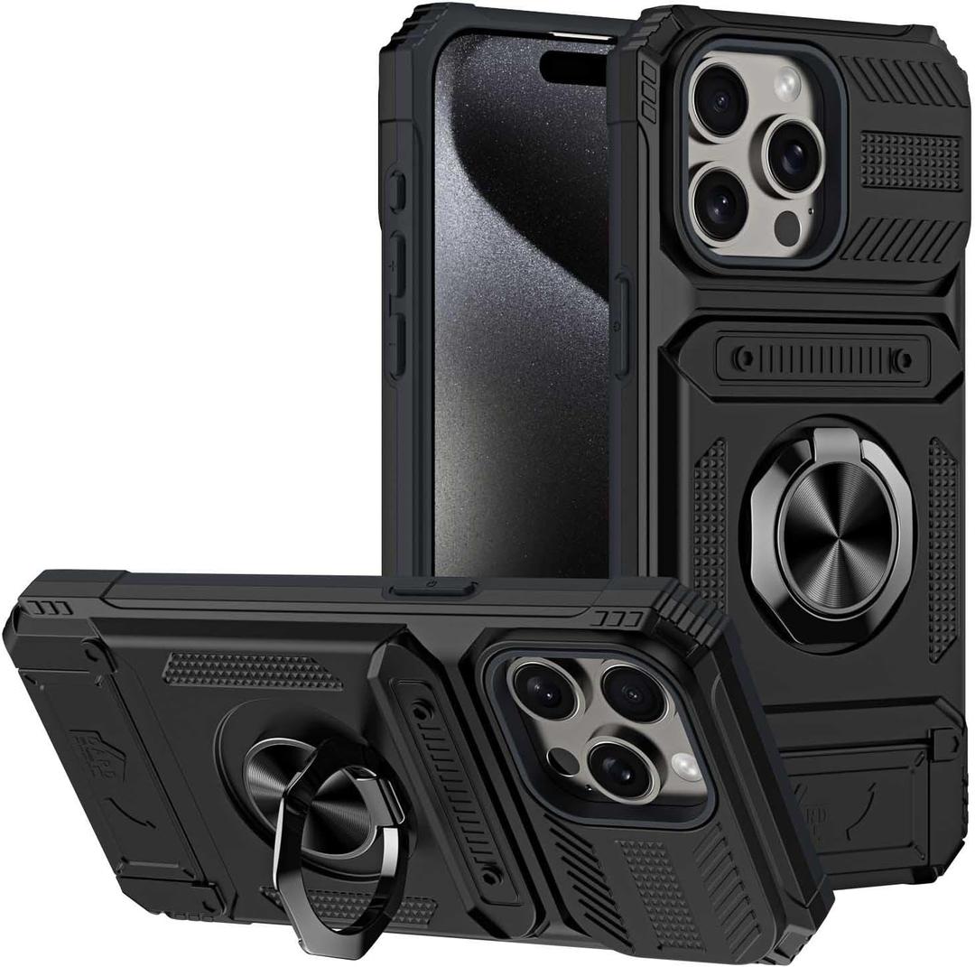 Magnetic Case for iPhone 16 Pro Max/16 Pro/16 Plus/16, Heavy Duty Card Slot Hard Shell with Ring Anti -Scratch Cover,Black,16 Pro Max